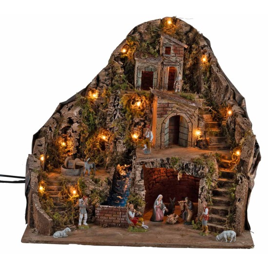 Illuminated nativity scene with running stream and moving donkey 58x40x54h