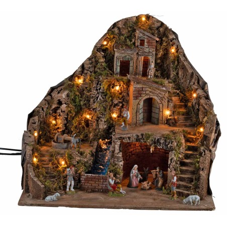 Presepe illuminato con ruscello e asino in movimento 58x40x54h