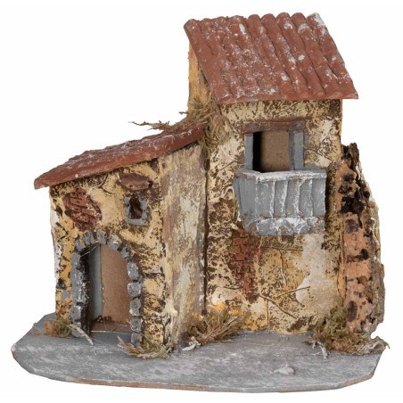 Rustic plastered little house with balcony 20x18x18h for nativity scene