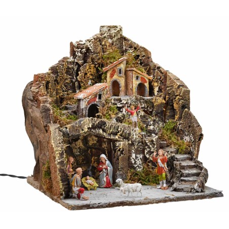 Belén iluminado a tres niveles 31x30x33h completo con estatuas