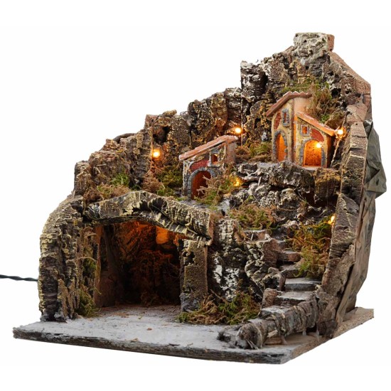 Illuminated nativity scene on multiple levels 31x30x33h