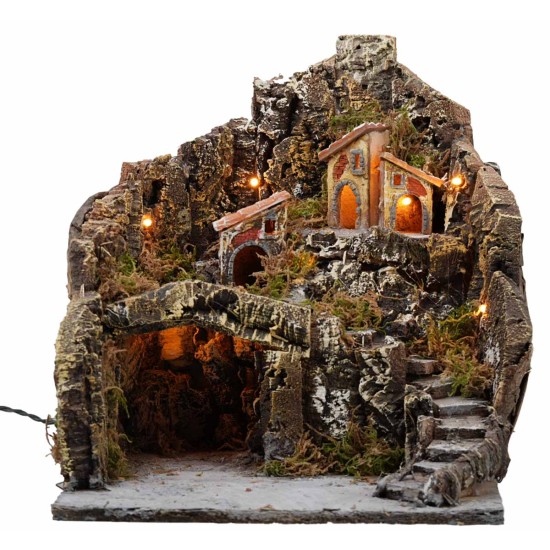 Illuminated nativity scene on multiple levels 31x30x33h
