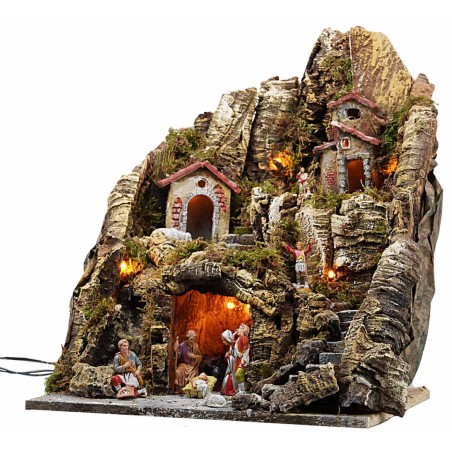 Illuminated nativity scene with stream and long staircase 35x30x40h