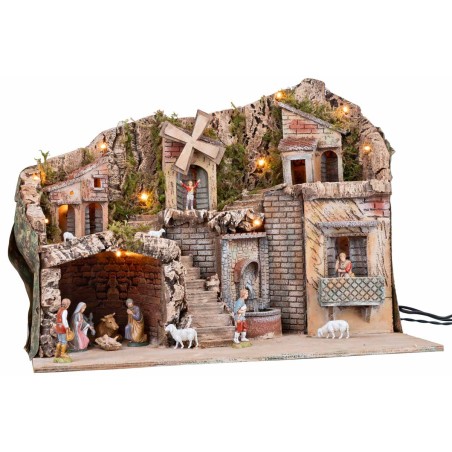 Illuminated nativity scene with mill and fountain 60x33x45cm complete with