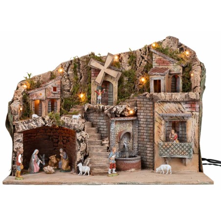 Presepe illuminato con mulino e fontana 60x33x45cm completo di
