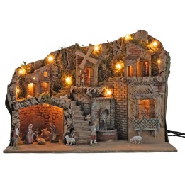 Illuminated nativity scene with working mill and electric fountain