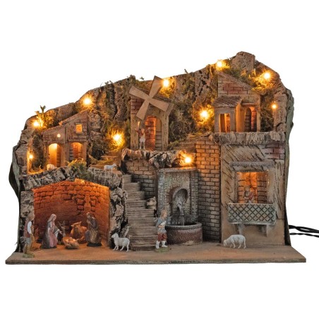 Illuminated nativity scene with mill and fountain 60x33x45cm complete with