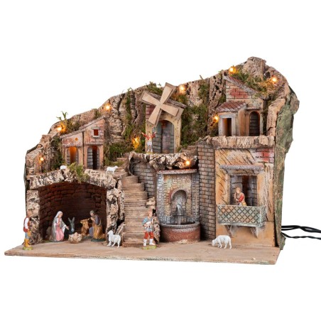 Pesebre iluminado con molino y fuente 60x33x45cm completo de