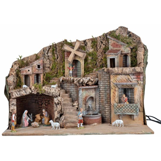 Illuminated nativity scene with mill and fountain 60x33x45cm complete with