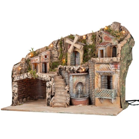 Presepe illuminato con mulino e fontana funzionanti a corrente