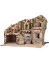 Illuminated nativity scene with working mill and electric fountain