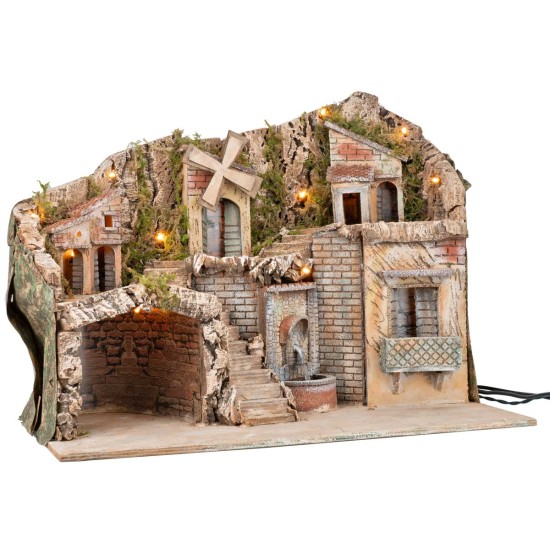 Illuminated nativity scene with electric-powered mill and fountain