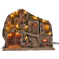 Illuminated nativity scene with electric oven and working waterfall 2