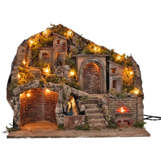 Illuminated nativity scene with electric-powered oven and working waterfall