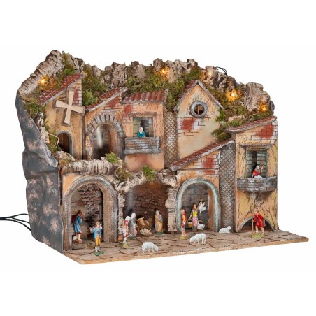 Presepe illuminato con archi, forno, mulino e balconi 70x48x60h