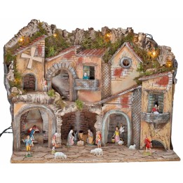 Illuminated nativity scene with arches, oven, mill, and balconies 70x48x60h