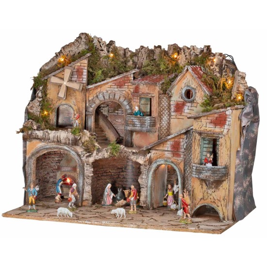 Illuminated nativity scene with arches, oven, mill, and balconies 70x48x60h