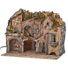 Presepe illuminato con archi, forno, mulino e balconi 70x48x60h 2