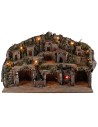Belén iluminado con cuevas, casitas, arroyo y horno