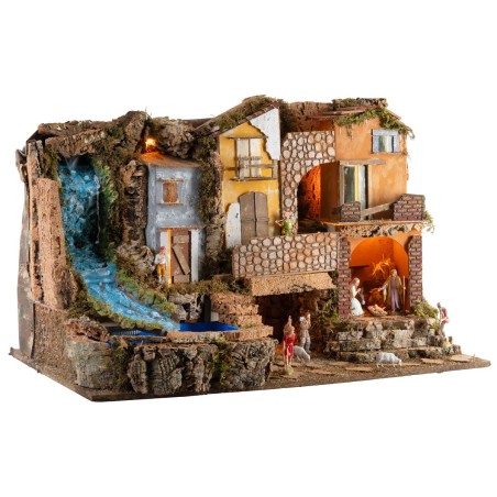 Nativity scene with lights and waterfall 80x50x52h complete with Landi statues