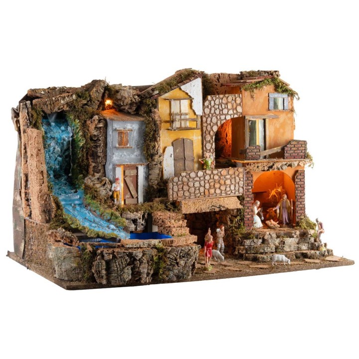 Belén con luces y cascada 80x50x52h completo de estatuas Landi