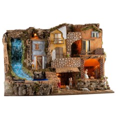 Belén con luces y cascada 80x50x52h completo de estatuas Landi 2