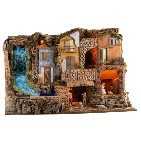 Colored nativity scene with lights and waterfall 80x50x52h complete with