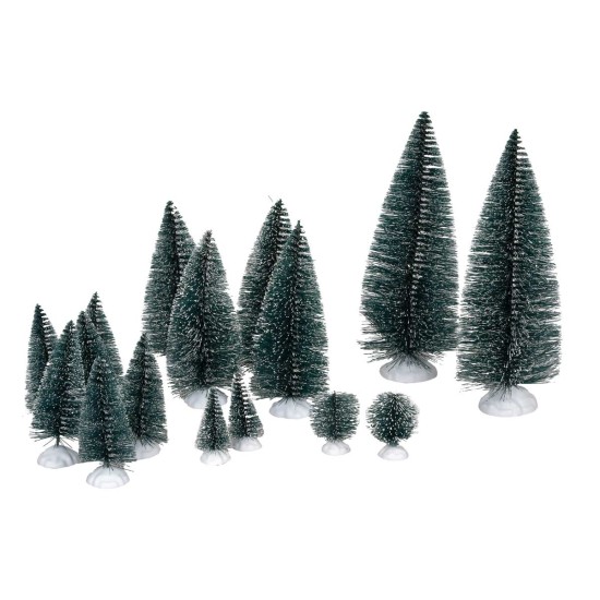 Set of 16 snow-covered pine trees of various heights and shapes for Mondo nativity scene