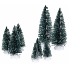 Set of 9 snow-effect pine trees of various heights for Mondo nativity scene