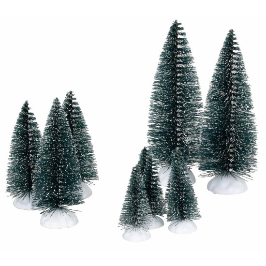 Set of 9 snow-effect pine trees of various heights for Mondo nativity scene