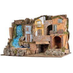 Colored nativity scene with lights and waterfall 80x50x52h for Mondo nativity scene