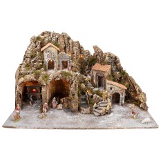 Illuminated nativity scene with oven and small waterfall 2