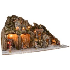 Belén iluminado con horno y pequeña cascada 81x40x46h completo