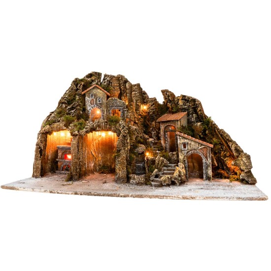 Illuminated nativity scene with oven and small waterfall 81x40x46h for