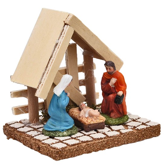 Natività con capanna legno chiaro cm 10x8x9,5 h