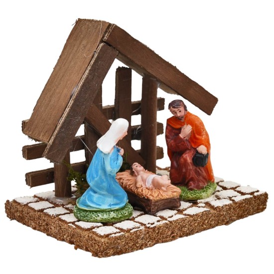 Natividad con cabaña de madera oscura 10x8x9,5h para belén Mundo