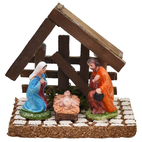 Natividad con cabaña de madera oscura 10x8x9,5h para belén Mundo