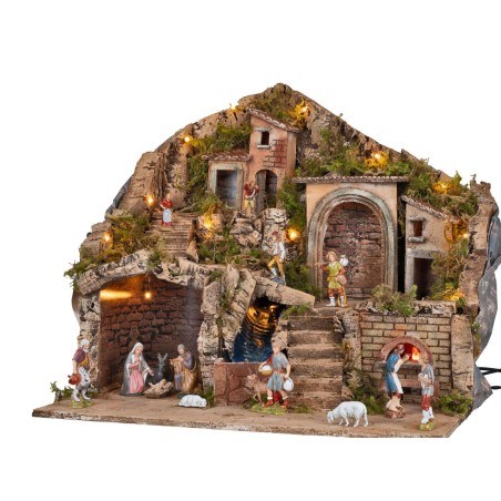 Illuminated nativity scene with working oven and waterfall 53x35x47h
