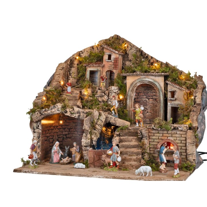 Illuminated nativity scene with working oven and waterfall 53x35x47h