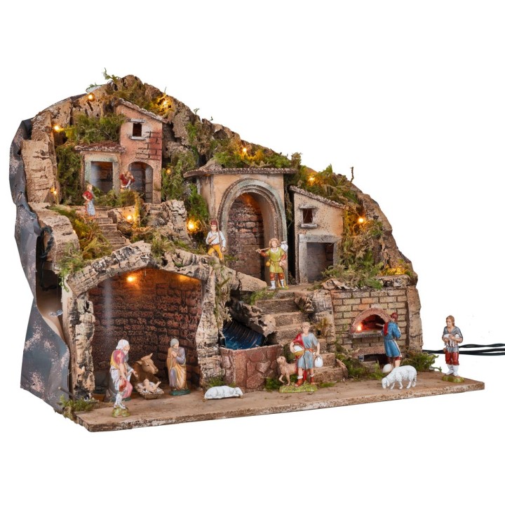 Illuminated nativity scene with working oven and waterfall 53x35x47h