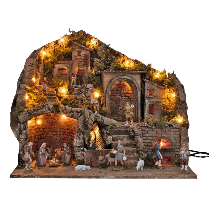 Illuminated nativity scene with working oven and waterfall 53x35x47h