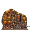 Illuminated nativity scene with an electric oven and waterfall