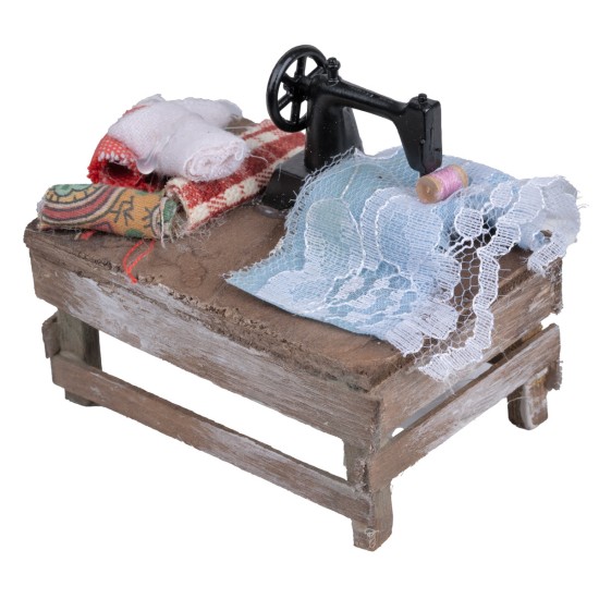 Seamstress table with machine and fabrics for nativity scene Mondo Presepi