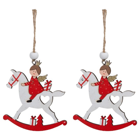 Set of 2 wooden angels on white horses 8x9 h cm for Christmas