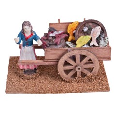 Carretto in legno con pescivendolo su base per presepe Mondo