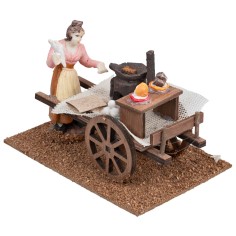 Carretto in legno con caldarrostaia su base per presepe Mondo
