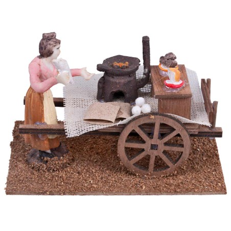 Carretto in legno con caldarrostaia su base per presepe Mondo