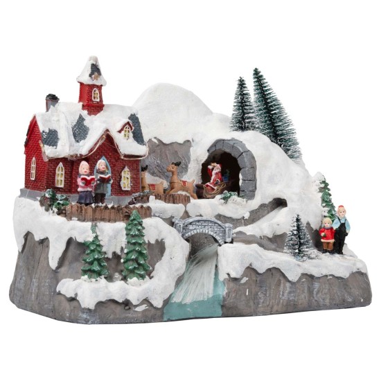 Christmas village with moving sleigh complete with lights and