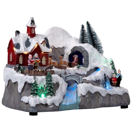 Pueblo de Navidad con trineo en movimiento completo de luces y