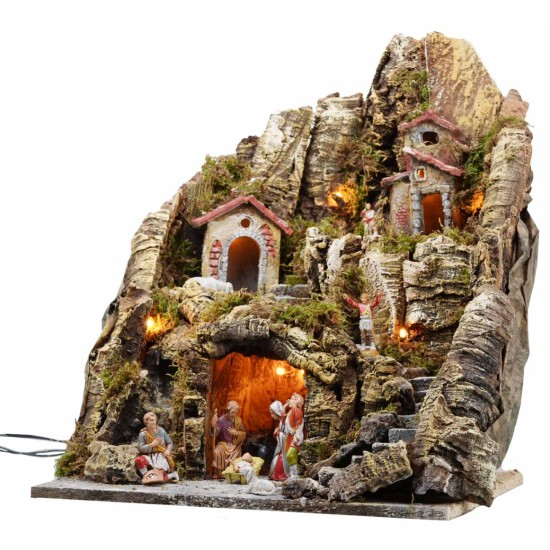Illuminated nativity scene with a stream and long staircase